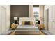 Well-lit bedroom boasts contrasting wall colors, a bed with stylish linens, and modern nightstands with elegant lamps at 16962 Warm Hand Ct, Land O Lakes, FL 34638