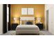Stylishly decorated bedroom featuring a modern color scheme, a plush bed with decorative pillows, and trendy artwork at 16962 Warm Hand Ct, Land O Lakes, FL 34638