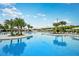 A luxurious community pool with island palm trees, sun loungers, and seating areas under a sunny blue sky at 16962 Warm Hand Ct, Land O Lakes, FL 34638