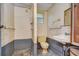 Modest basement bathroom area featuring toilet, sink, and walk-in shower at 38839 Miller Ave, Zephyrhills, FL 33542