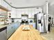 Bright kitchen featuring a center island, stainless steel appliances, and a combination of white and blue cabinets at 6700 14Th N St, St Petersburg, FL 33702