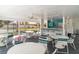 Outdoor community space with tables, chairs, bar area, and fans for gatherings and relaxation at 7833 Ontario Street Cir, Sarasota, FL 34243