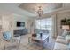 Comfortable living room with a decorative ceiling, modern furniture, and access to an outdoor lanai at 7881 Lakes Edge Ln, Port Charlotte, FL 33981