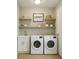Well-organized laundry room featuring front-load washer/dryer, floating shelves, sink and storage at 8630 134Th St, Seminole, FL 33776