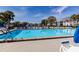Community pool with lounge chairs and umbrellas overlooking a tranquil lake in a tropical setting at 1109 Pine Ridge W Cir # C1, Tarpon Springs, FL 34688