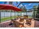 Lovely outdoor patio area with fire pit and seating, surrounded by privacy fence at 1281 Amberlea E Dr, Dunedin, FL 34698