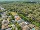 Expansive aerial view of homes, lush trees, and a glimpse of a lake in the distance, offering a serene neighborhood setting at 13750 Fareham Rd, Odessa, FL 33556
