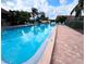 Community pool featuring blue lounge chairs, tables and luscious greenery at 2031 Dover Ct, Oldsmar, FL 34677