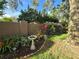 Landscaped backyard with vibrant foliage, mature trees, and a decorative bird bath at 3509 Oak Lake Dr, Palm Harbor, FL 34684