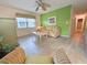 Bright living room with floral sofa, ceiling fan and large window overlooking a green backyard at 3509 Oak Lake Dr, Palm Harbor, FL 34684