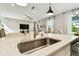 Kitchen island with stainless faucet overlooks the open-concept living area with great natural light at 4177 Beeswax Ln, Land O Lakes, FL 34638