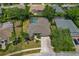 Aerial view of a home highlighting its screened-in pool, landscaping, and neighborhood setting at 4530 Roanoak Way, Palm Harbor, FL 34685
