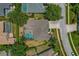 Aerial view of a home with screened in pool and established landscaping at 4530 Roanoak Way, Palm Harbor, FL 34685