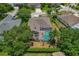 Aerial view of property showcasing the pool, screened lanai, landscaping, and the neighborhood at 4530 Roanoak Way, Palm Harbor, FL 34685