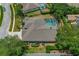 Aerial view of a home with screened-in pool and lush landscaping at 4530 Roanoak Way, Palm Harbor, FL 34685
