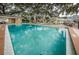 Inviting community pool featuring clear blue water, ample seating, and mature shade trees at 704 Lyndhurst St # 624, Dunedin, FL 34698
