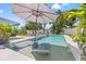 Refreshing pool area with seating, lush landscaping, and a lounge chair partially submerged in the water at 743 43Rd Ne Ave, St Petersburg, FL 33703
