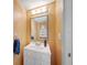 Well-lit half bathroom features a white vanity, decorative mirror, and classic fixtures, providing a functional space at 8980 Antigua Dr, Seminole, FL 33777