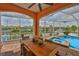 Outdoor dining set under the screened-in patio with stunning views of the pool and waterfront at 920 Symphony Isles Blvd, Apollo Beach, FL 33572