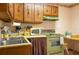 Compact kitchen featuring wooden cabinets, green accents and an oven at 9700 Starkey Rd # 325, Seminole, FL 33777