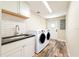 Bright laundry room with modern cabinets, sink, subway tile backsplash, wood-look floors, and new appliances at 1025 Reading Rd, Lutz, FL 33558