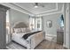 Elegant bedroom boasts tray ceilings, a ceiling fan, and abundant natural light from two windows at 13336 Graham Yarden Dr, Riverview, FL 33579