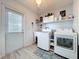 Well-lit laundry room with updated appliances, a utility sink, ample shelving, and convenient access to the outside at 1902 Rebecca Rd, Lutz, FL 33548