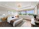 Beautiful bedroom with tray ceilings, wood floors, large windows overlooking the lake at 19191 Pease Pl, Lutz, FL 33558
