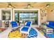 Inviting lanai with comfortable seating, bright colors, and views of the lake at 222 Toscavilla Blvd, Nokomis, FL 34275