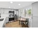 Well-lit kitchen with stainless steel appliances, gray cabinetry, and a charming breakfast nook with a view at 3062 Eastland Blvd # 405, Clearwater, FL 33761