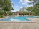 Community pool with clear water, trees, lounge chairs, and a clubhouse at 3062 Eastland Blvd # 405, Clearwater, FL 33761