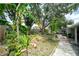 Wide view of a large backyard with mature trees and landscaping with a shed at 3217 Saddlebrook Ave, Tampa, FL 33618