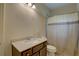 Bathroom with granite countertop, vanity, toilet and tub shower combo at 3813 Salida Delsol Dr, Sun City Center, FL 33573