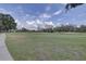 View of the lush golf course with mature trees and a clear blue sky with fluffy white clouds at 3813 Salida Delsol Dr, Sun City Center, FL 33573
