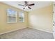 Bright bedroom featuring neutral carpet, ceiling fan, and two windows allowing natural light at 4089 Windcrest Dr, Wesley Chapel, FL 33544