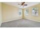Bedroom featuring neutral carpeting, a ceiling fan, and three windows at 4089 Windcrest Dr, Wesley Chapel, FL 33544