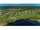 Breathtaking aerial view showcasing a community with lush greenery, winding roads, and a wooden pier at 4133 Auston Way, Palm Harbor, FL 34685