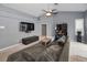 Comfortable living room with a large TV, open layout, and contemporary furnishings at 4133 Auston Way, Palm Harbor, FL 34685