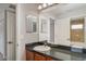 Well-lit bathroom features a large mirror and a wooden vanity with dark countertop at 14266 Creek Run Dr, Riverview, FL 33579