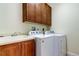 Functional laundry room with sink, wooden cabinets, and modern side by side washer and dryer at 1531 Ember Ln, Tarpon Springs, FL 34689