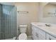 Well-lit bathroom featuring stylish blue tiled shower and vanity with sink and mirror at 1701 62Nd S Ter, St Petersburg, FL 33712
