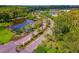 Aerial view of community entrance with lush landscaping and a serene pond at 18050 Cozumel Isle Dr, Tampa, FL 33647