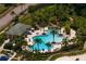 Aerial view of the large community pool surrounded by lush landscaping and palm trees at 18050 Cozumel Isle Dr, Tampa, FL 33647