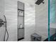 Modern walk-in shower with niche and gray hexagon tile at 19309 Garden Quilt Cir, Lutz, FL 33558