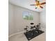 Carpeted bedroom featuring a ceiling fan and a window with views of trees at 2011 Water Wheel Ct, Dunedin, FL 34698