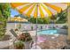 Inviting backyard pool area with lounge chairs and stylish yellow umbrellas at 3114 W Granada St, Tampa, FL 33629