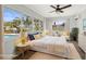 Staged bedroom with lots of light, ceiling fan, and stylish furniture at 403 Normandy Rd, Madeira Beach, FL 33708