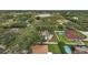 Aerial view of a property showcasing its pools, landscaping, and surrounding neighborhood at 8060 Timberlake Ave, Spring Hill, FL 34606