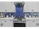Modern kitchen features stainless steel appliances, blue backsplash and white cabinets at 10646 Cory Lake Dr, Tampa, FL 33647