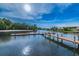 Community dock on a lake with clear skies, lush trees, and lovely homes in the background at 10724 Cory Lake Dr, Tampa, FL 33647